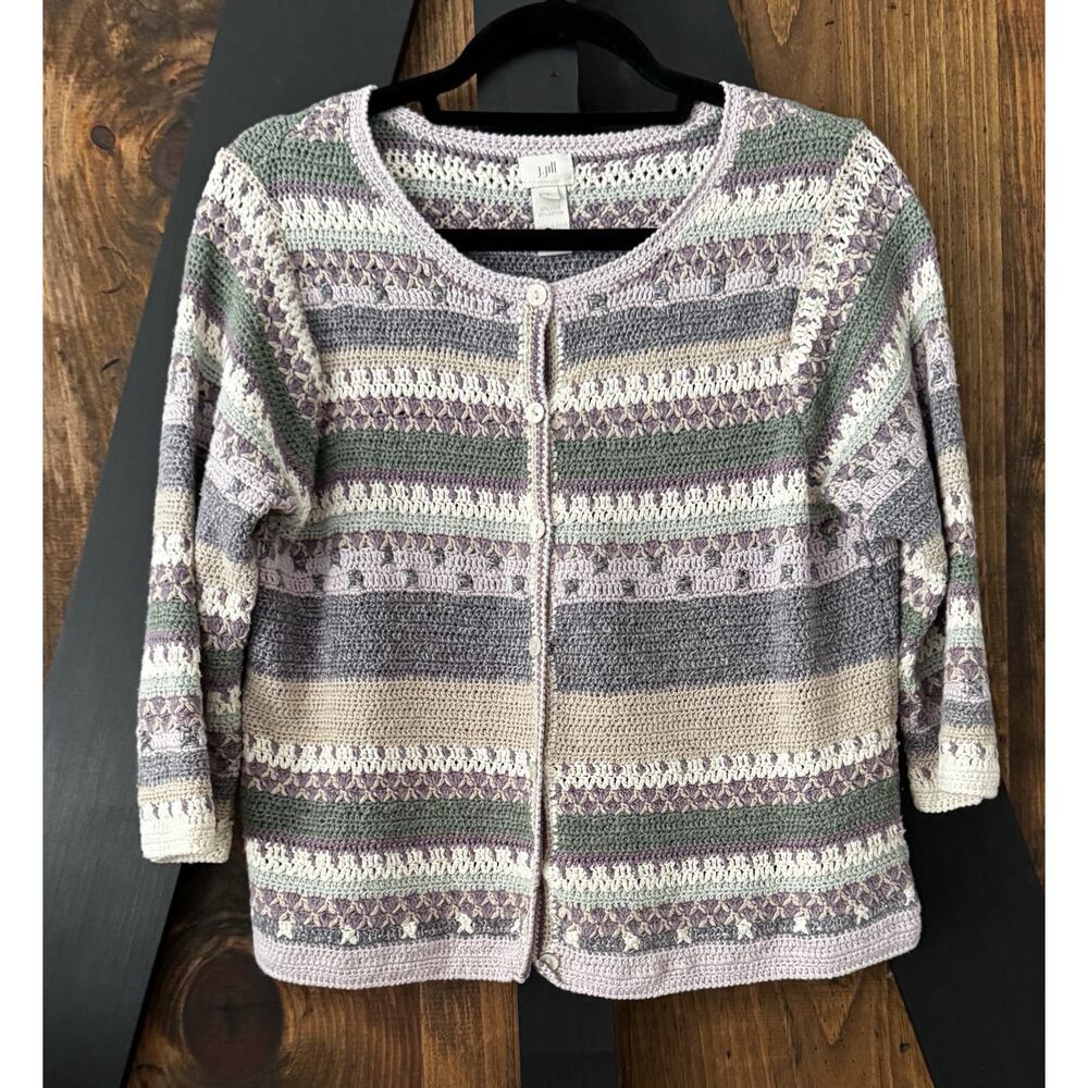 J Jill L Spring Crochet Sweater Cardigan Cropped Linen Cotton Blend Exquisite